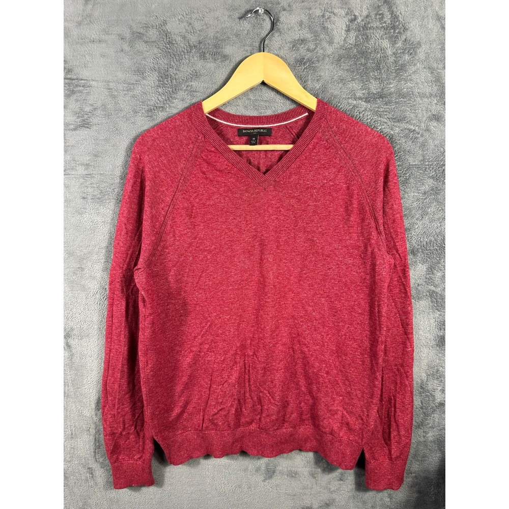 Banana Republic Mens V-Neck Sweater Red Heather Raglan Long Sleeve Size M